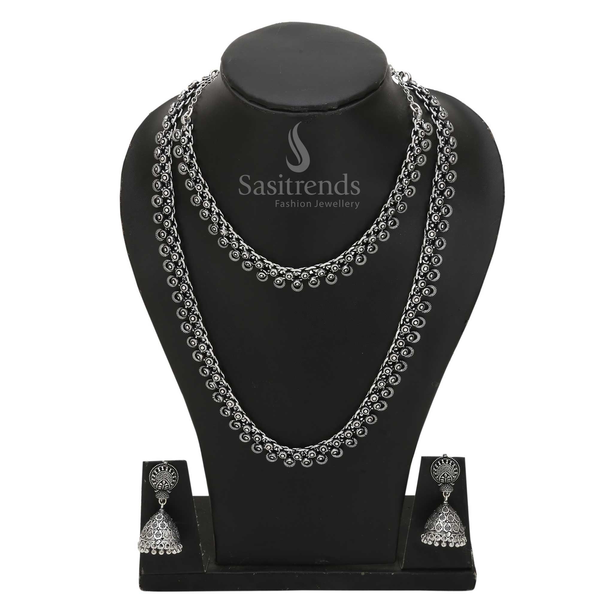 Majestic oxidised silver dual-layered necklace combo set featuring divine temple motifs and heavy jhumka earrings for festive ethnic styling – Sasitrends


