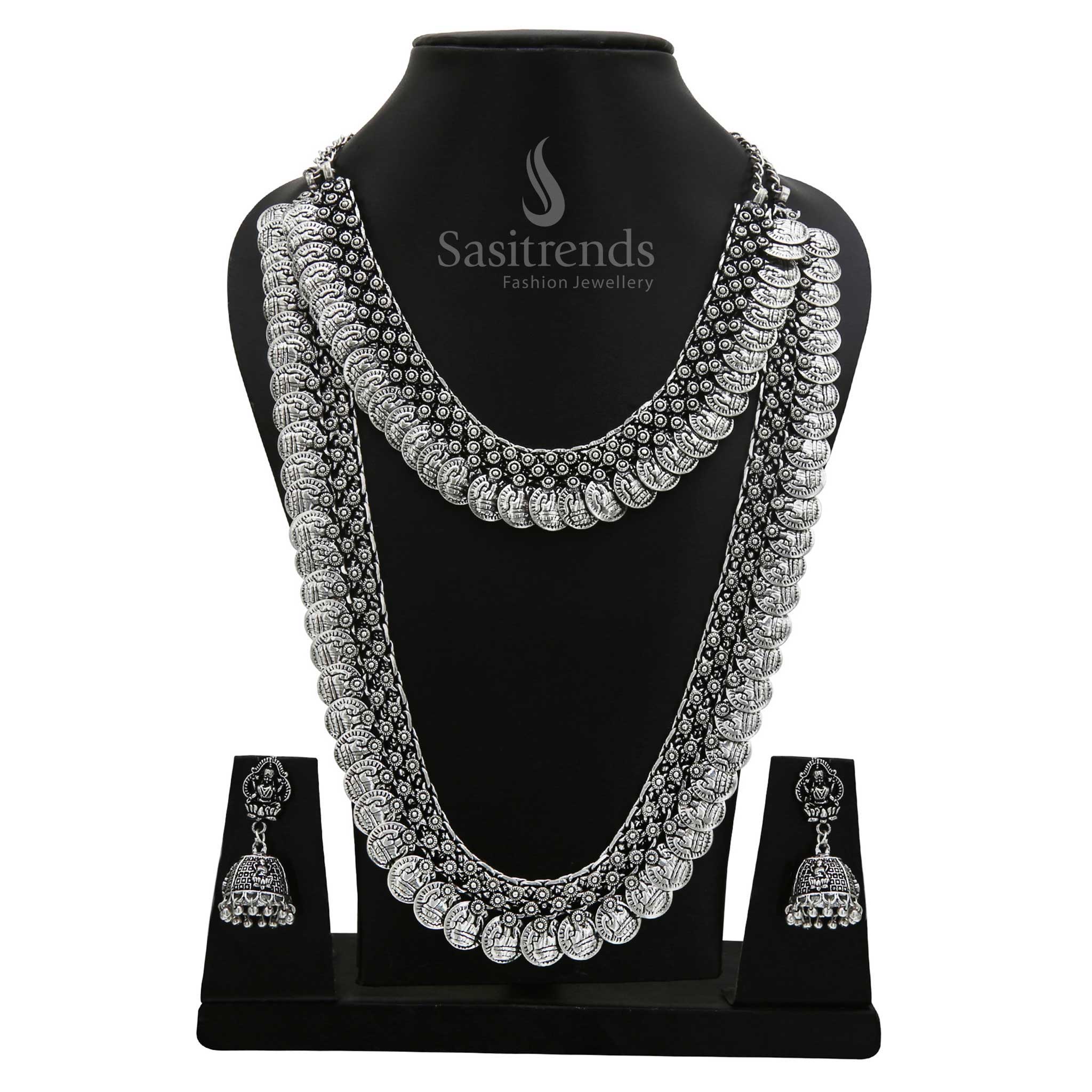 Inspiré oxidised silver short and long traditional necklace duo with elegant floral pendant detailing and pearl-tipped jhumka earrings – Sasitrends