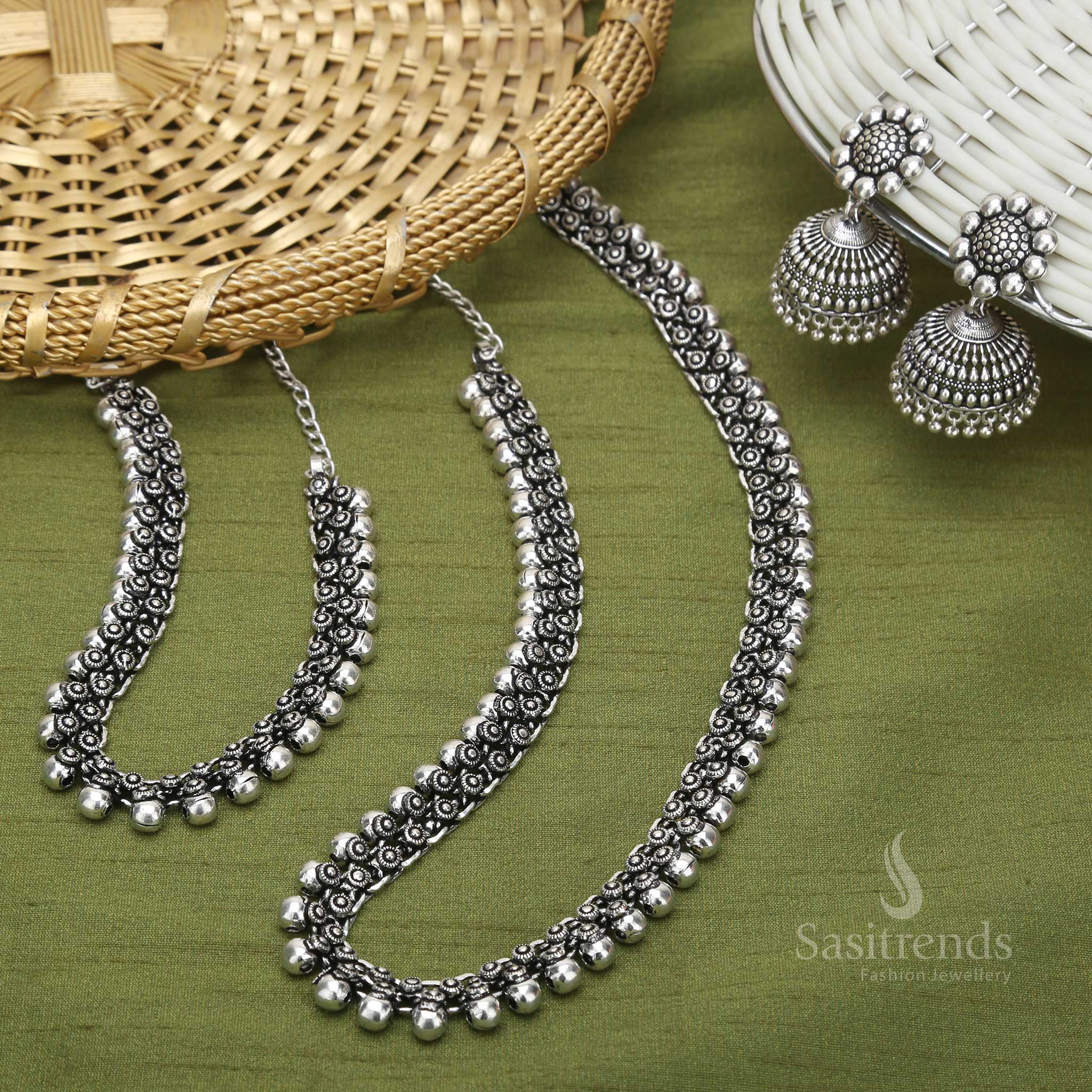 Traditions oxidised silver long and short chain necklace set with intricately styled jhumkas, ideal for saree and ethnic looks – Sasitrends