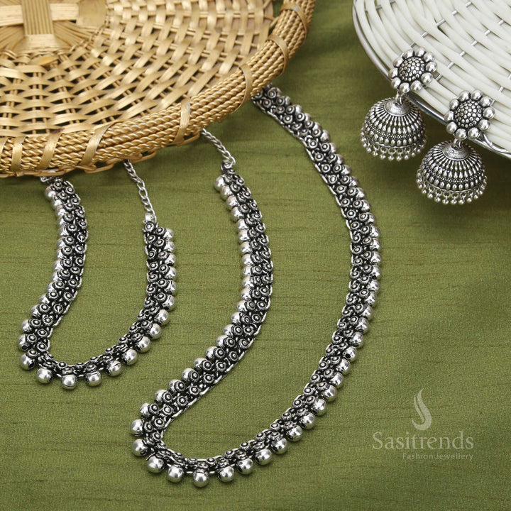 Traditions oxidised silver long and short chain necklace set with intricately styled jhumkas, ideal for saree and ethnic looks – Sasitrends