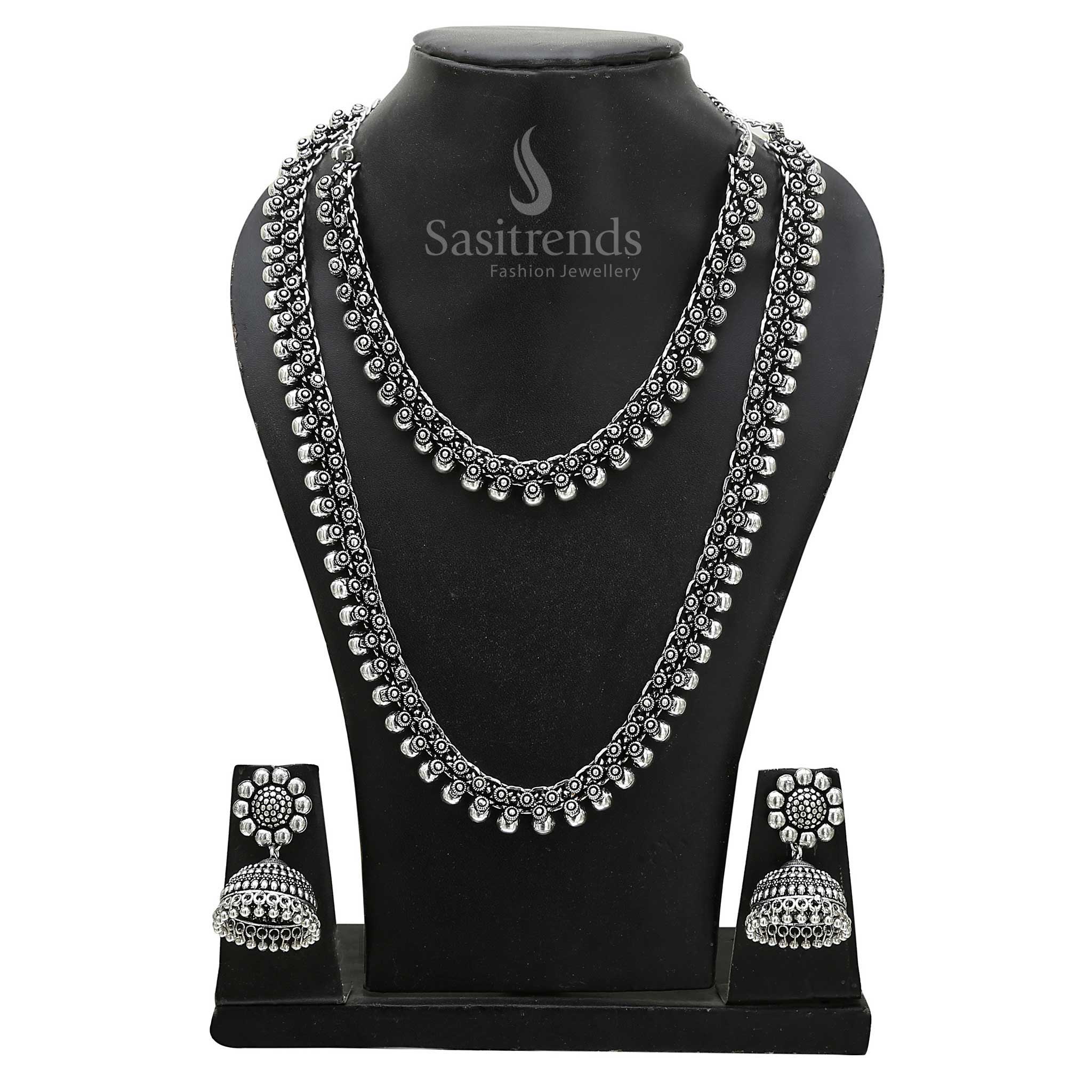 Rustic Charm oxidised silver short and long festive necklace pair adorned with engraved detailing and striking jhumka earrings – Sasitrends