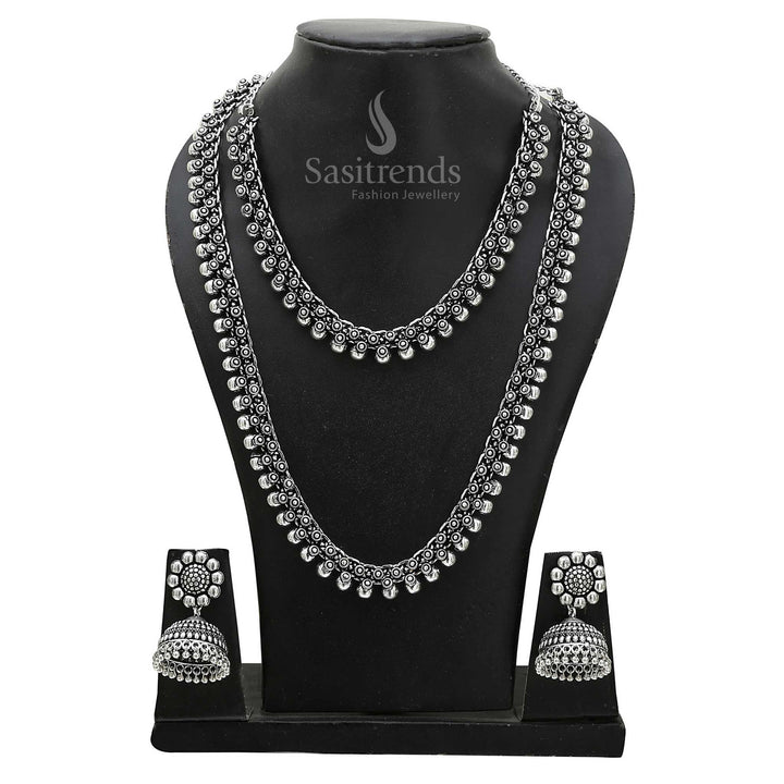 Rustic Charm oxidised silver short and long festive necklace pair adorned with engraved detailing and striking jhumka earrings – Sasitrends