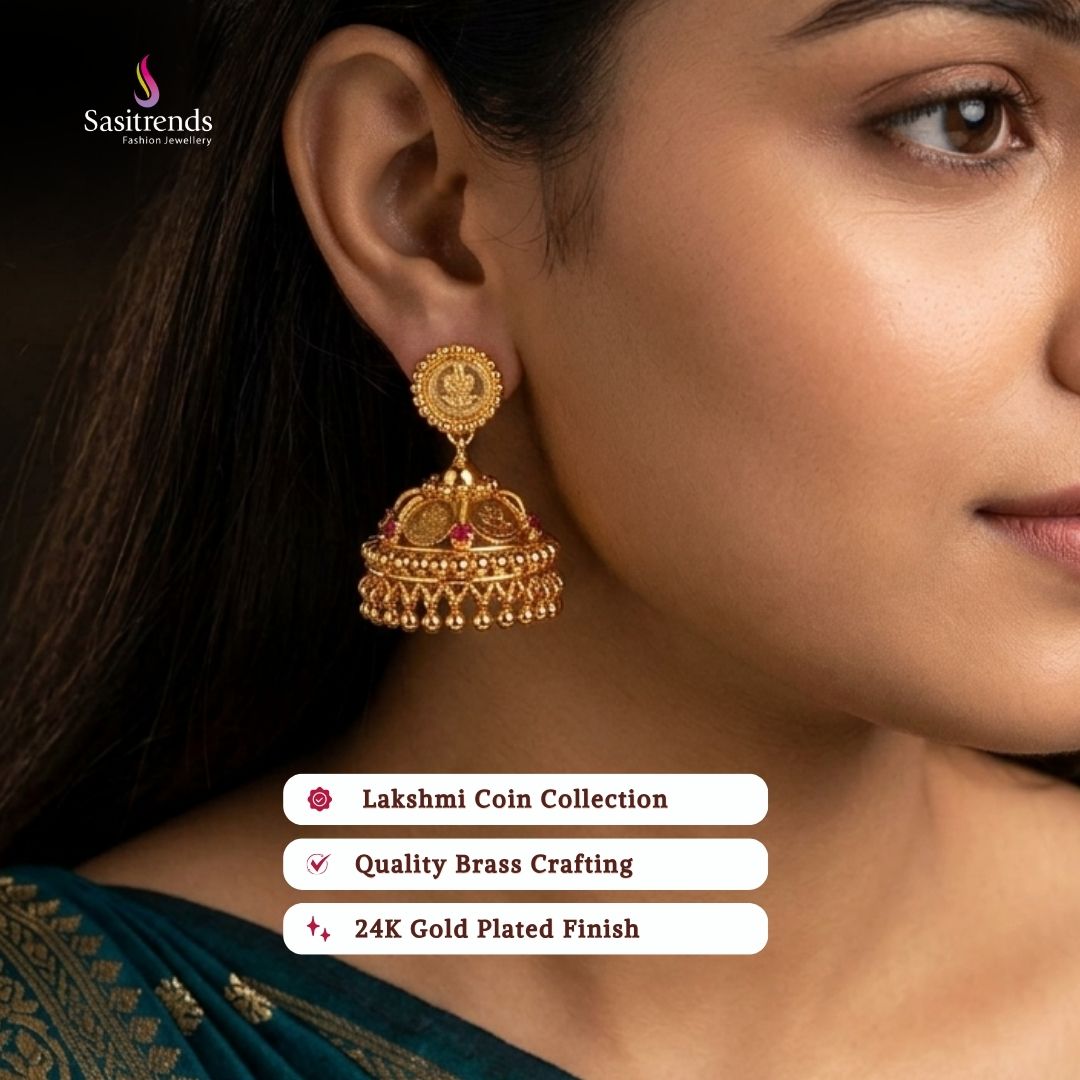 Guaranteed Micro gold plated AD stone lakshmi coin earrings model image - Sasitrends