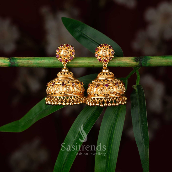 Kerala style micro gold plated jhumka earrings with ruby pink AD stones 1511F - Sasitrends