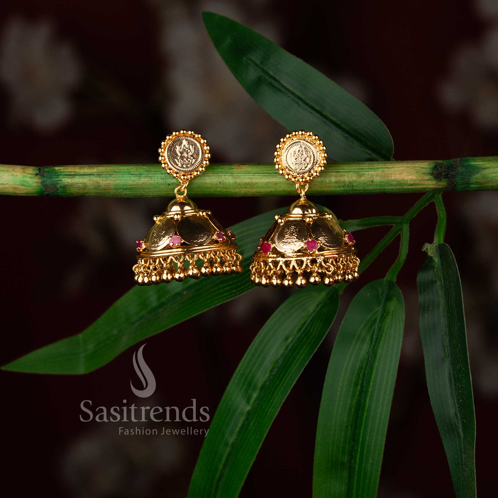 Traditional bell-shaped South Indian coin jhumkas featuring Goddess Lakshmi motifs 1511G - Sasitrends