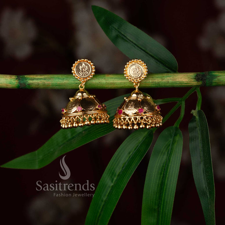 Traditional bell-shaped South Indian coin jhumkas featuring Goddess Lakshmi motifs 1511G - Sasitrends