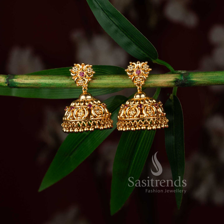 Traditional bell-shaped South Indian jhumkas with ruby-red stone accents and gold bead droplets 1511H - Sasitrends