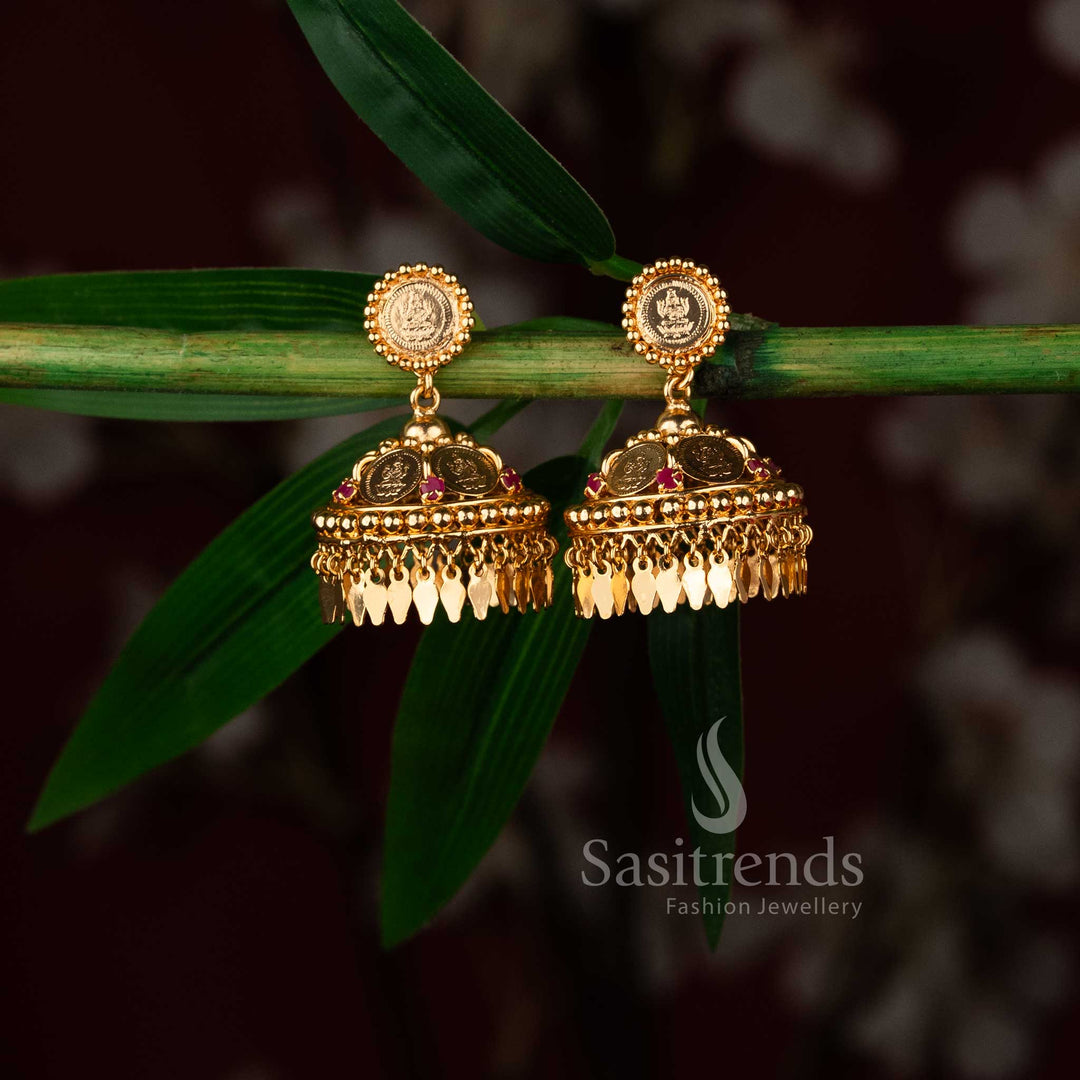 Traditional bell-shaped South Indian coin jhumkas featuring Goddess Lakshmi and leaf hangings 1511I - Sasitrends