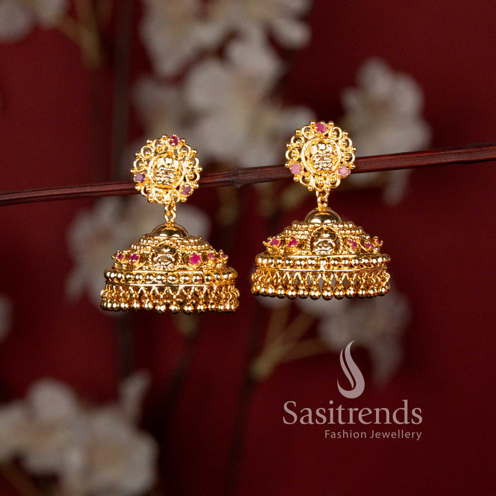 Kerala Style Micro Gold Plated Lakshmi Jhumka Earrings with Hanging Gold Beads and Traditional Temple Design for Women - Sasitrends