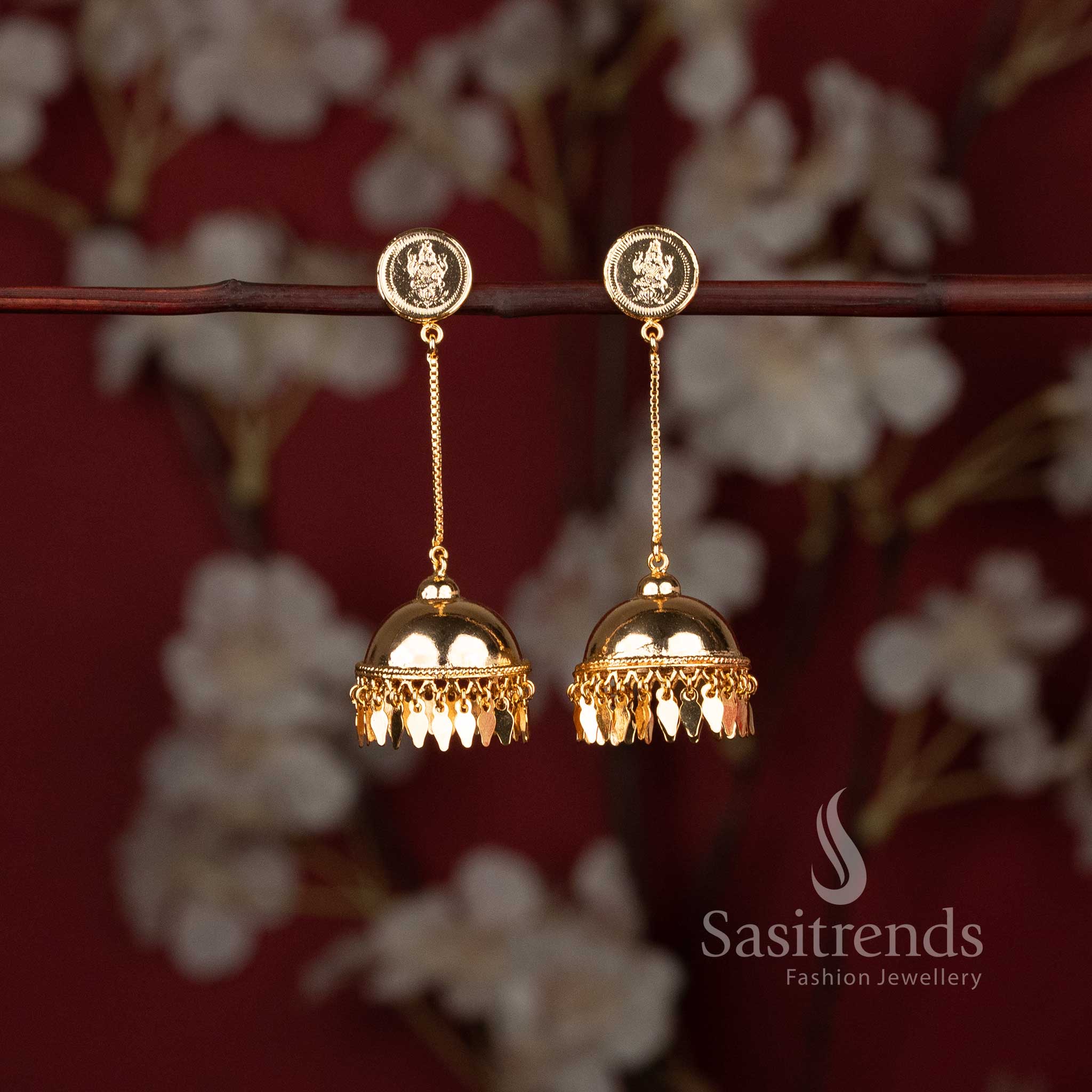 Kerala Style Micro Gold Plated Lakshmi Coin Long Chain Jhumka Earrings - Sasitrends