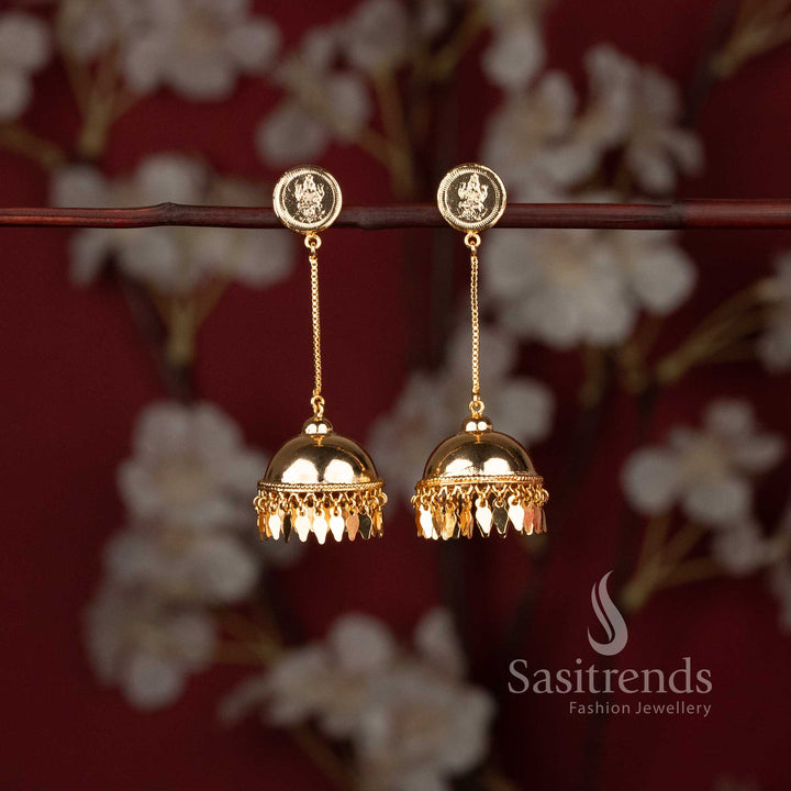 Kerala Style Micro Gold Plated Lakshmi Coin Long Chain Jhumka Earrings with Hanging Gold Charms - Sasitrends