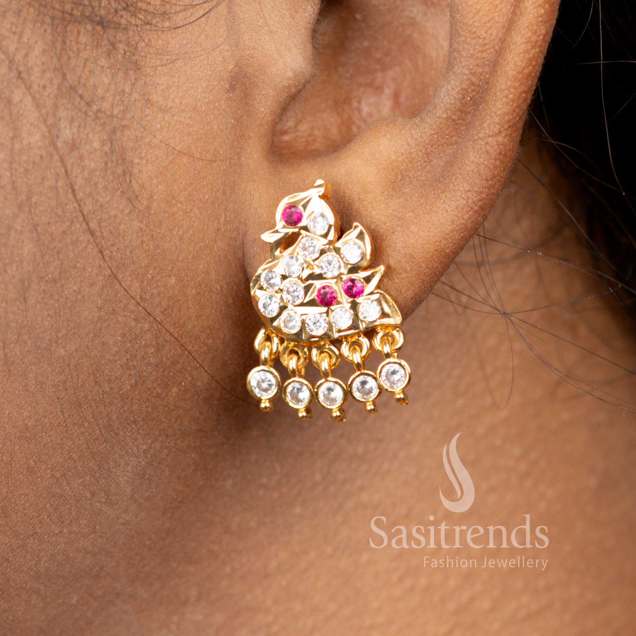 Guaranteed Impon Addigai 24K Micro Gold Plated Swan White Ruby Ad Stone Earrings - Sasitrends