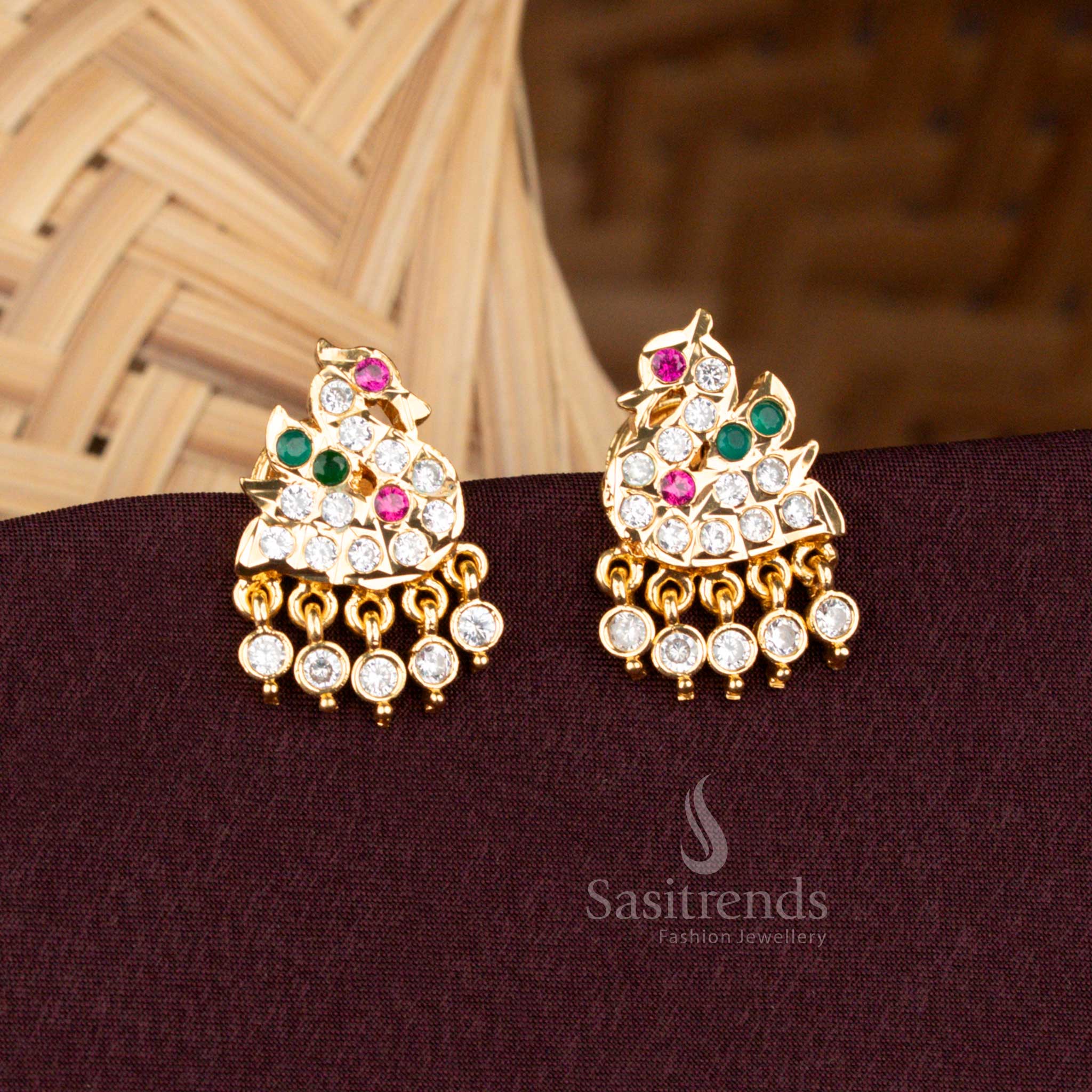 Temple-style brass Impon earrings Multi AD stones, pearl dewdrop hangings, and rich micro gold plating – A divine blend of heritage and elegance in ethnic jewellery – Sasitrends