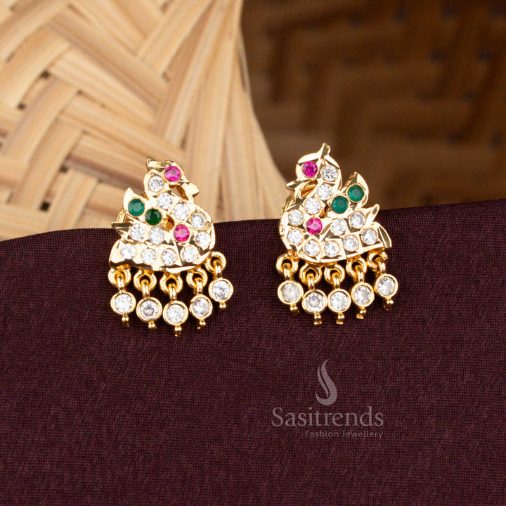 Temple-style brass Impon earrings Multi AD stones, pearl dewdrop hangings, and rich micro gold plating – A divine blend of heritage and elegance in ethnic jewellery – Sasitrends