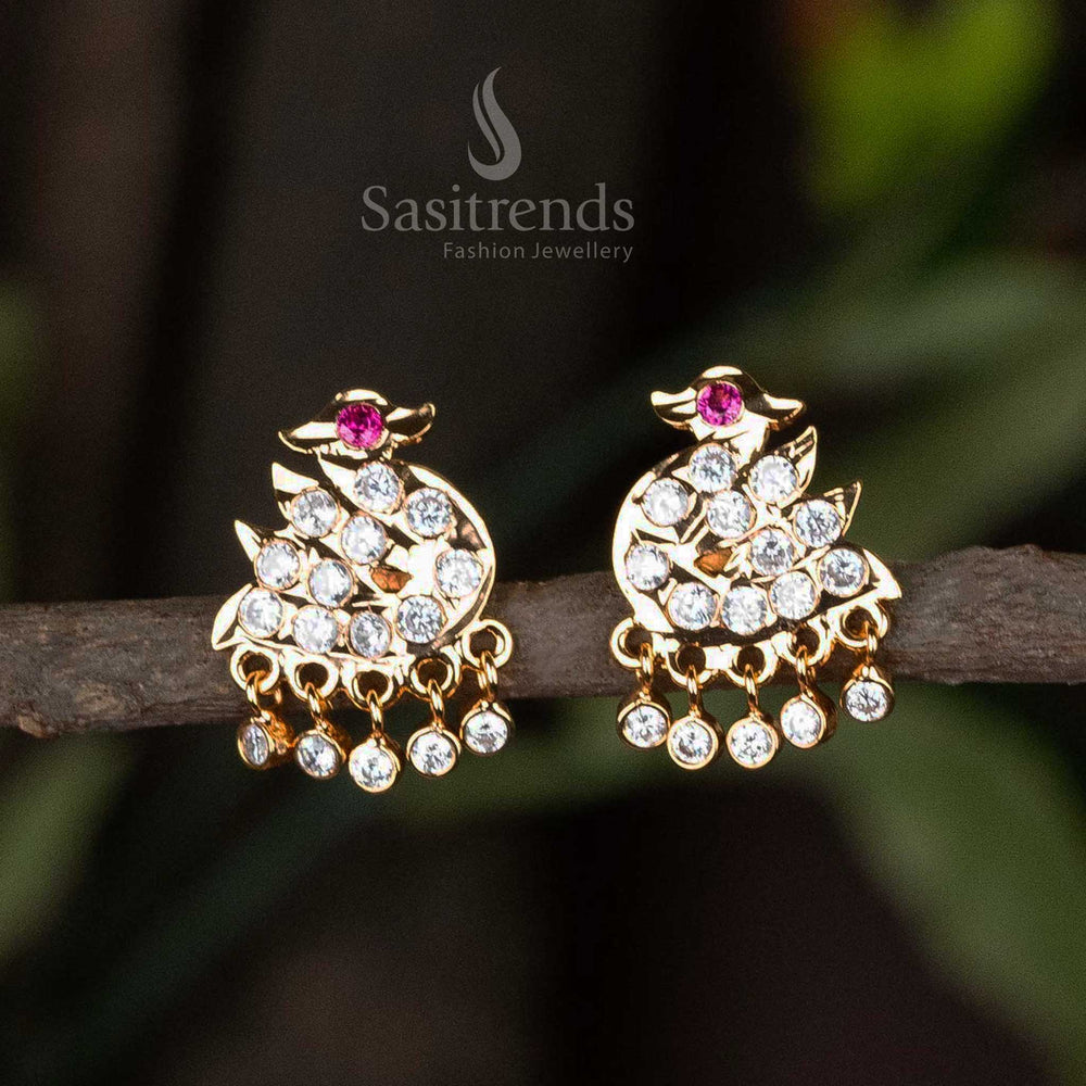 Micro gold plated traditional brass Impon earrings with a stunning fusion of white and ruby American Diamonds in a floral setting – A timeless and classic traditional jewellery pick – Sasitrends