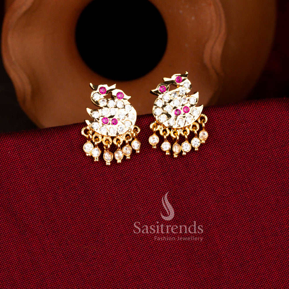 Radiant Impon Addigai guaranteed micro gold plated swan semi circular stud earrings with hanging AD stones in white ruby sparkle perfect for weddings and festive celebrations – Sasitrends