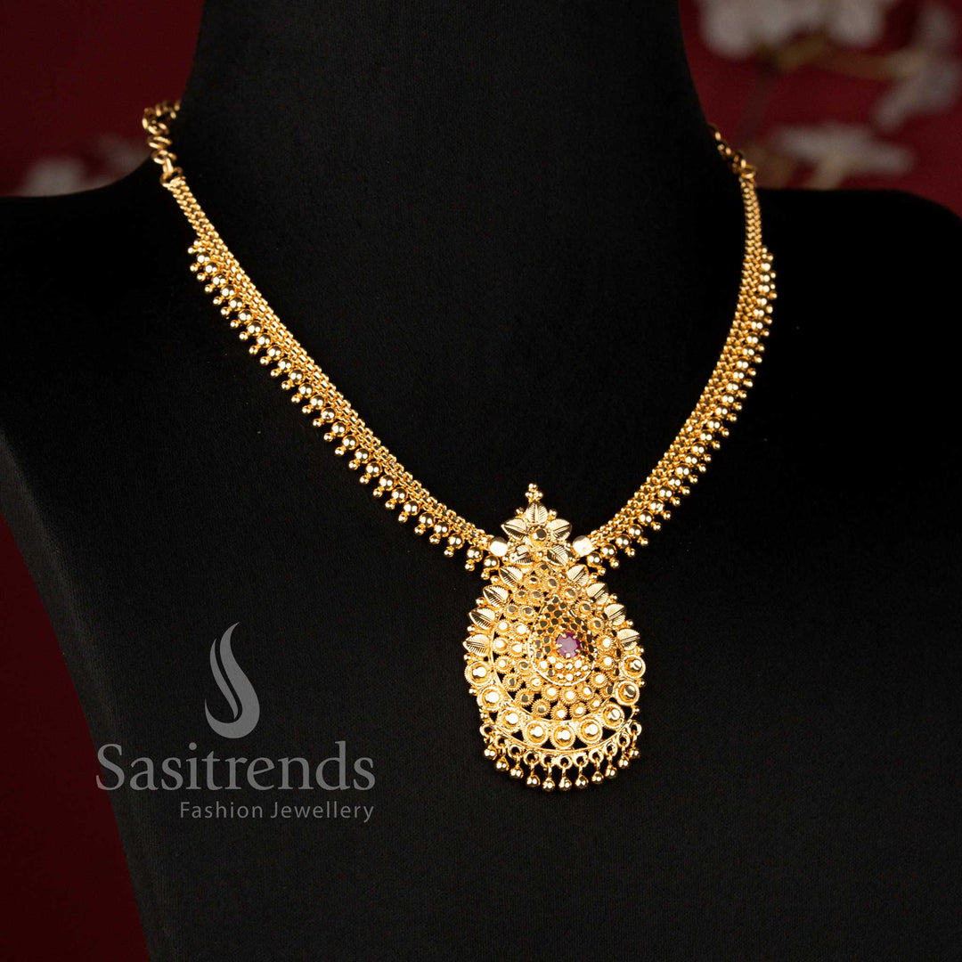 One Gram Micro Gold Plated Heritage Floral Medallion Necklace with Ruby Stone for Weddings and Festive Occasions - Sasitrends