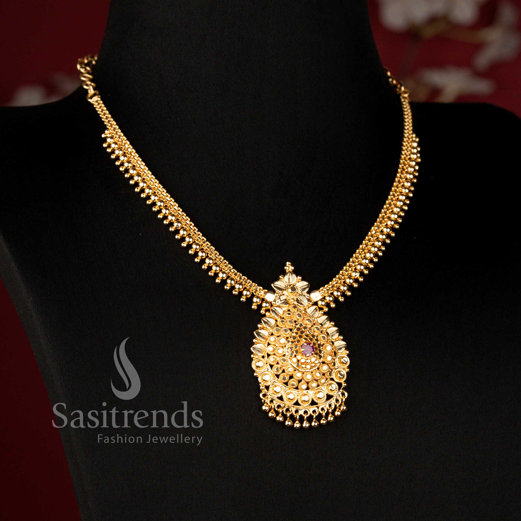 One Gram Micro Gold Plated Heritage Floral Medallion Necklace with Ruby Stone for Weddings and Festive Occasions - Sasitrends