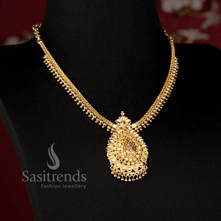 One Gram Micro Gold Plated Heritage Floral Medallion Necklace with Ruby Stone for Weddings and Festive Occasions - Sasitrends