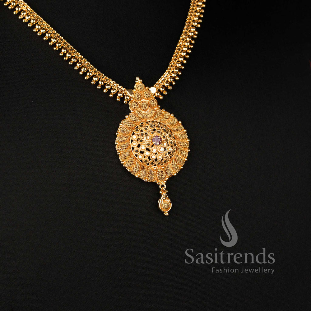 Traditional One Gram Micro Gold Plated Circular Chakra Pendant Necklace Featuring Intricate Filigree Detailing and Textured Drop - Sasitrends