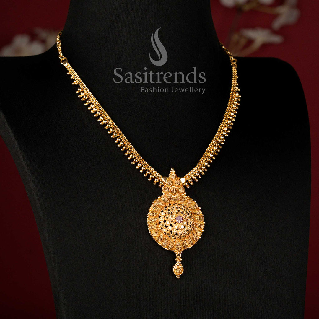 Guaranteed One Gram Micro Gold Plated Traditional Surya Chakra Medallion Necklace with Ruby Stone, Look Like Real Gold - Sasitrends