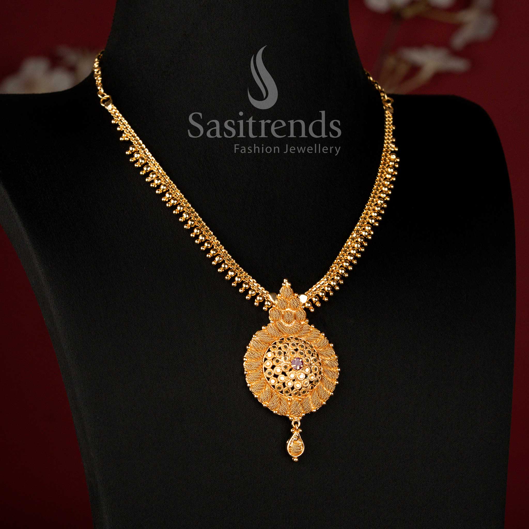 Guaranteed One Gram Micro Gold Plated Traditional Surya Chakra Medallion Necklace with Ruby Stone, Look Like Real Gold - Sasitrends