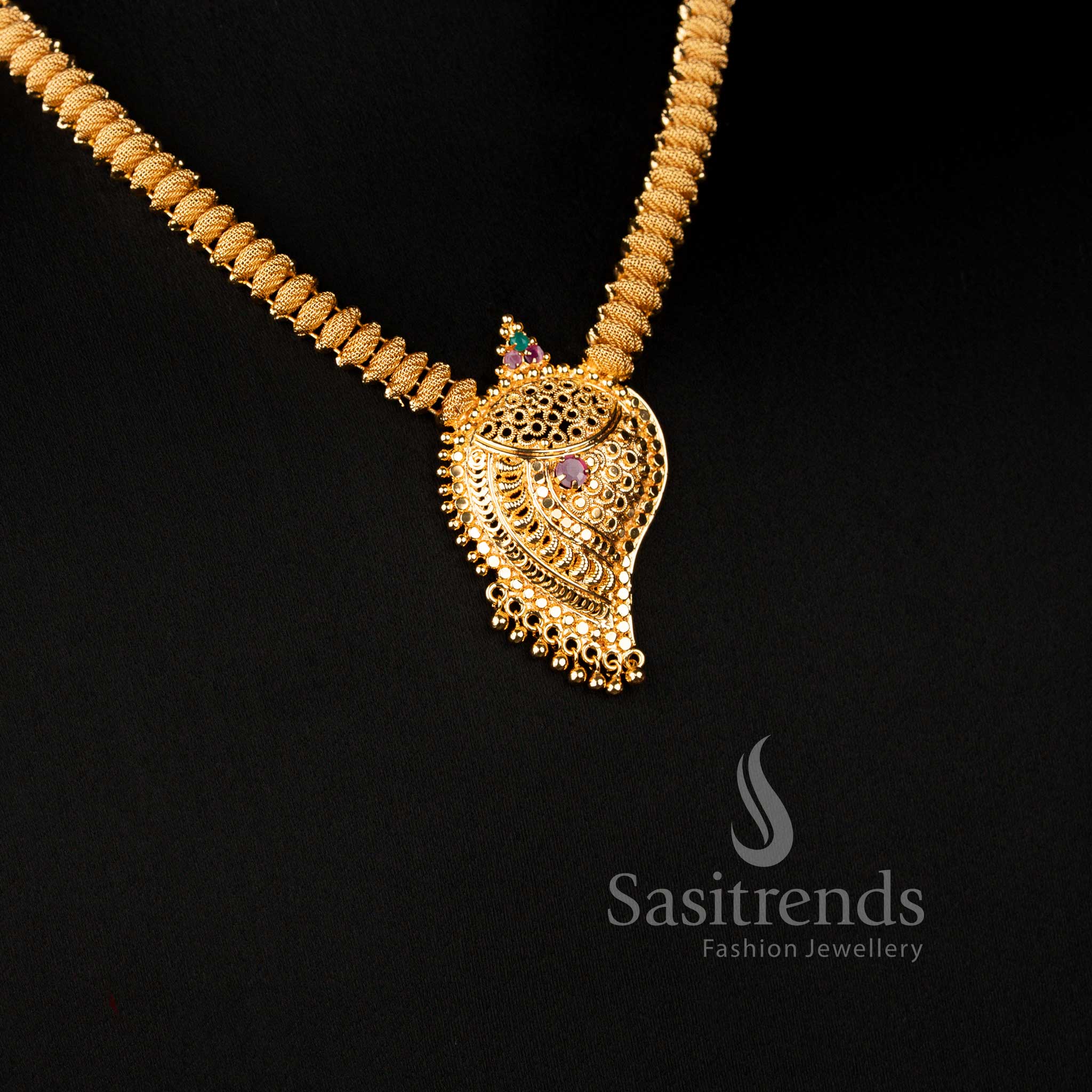 Premium One Gram Micro Gold Plated Heritage Filigree Paisley Necklace with Colourful Accent Stones for Weddings - Sasitrends