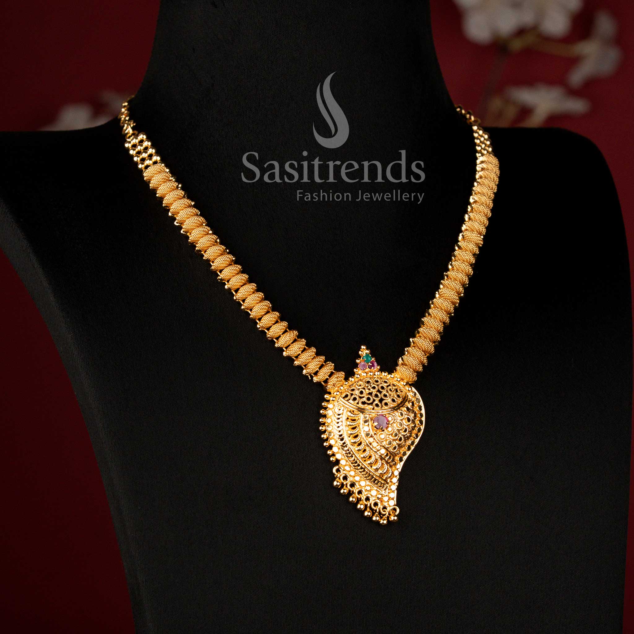 Guaranteed One Gram Micro Gold Plated Traditional Paisley Mango Pendant Necklace with Ruby Stone, Look Like Real Gold - Sasitrends
