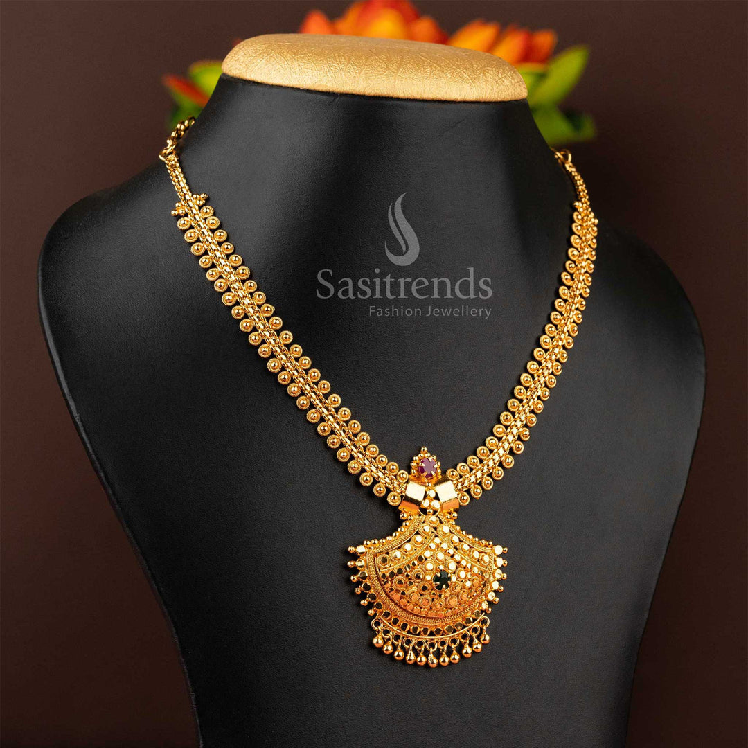 Ornate micro gold-plated necklace highlighted by a ruby stone and beautifully crafted floral AD pendant - Sasitrends