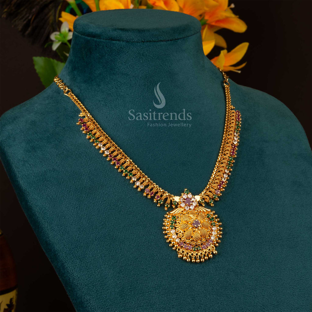 One gram micro gold plated American Diamond floral necklace in multi-color with intricate net design - Sasitrends