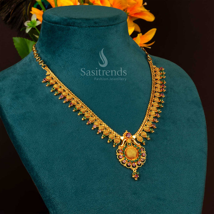 Traditional ruby-green one gram micro gold net necklace with round American diamond stones, bringing ethnic bridal jewellery vibes and festive richness – Sasitrends