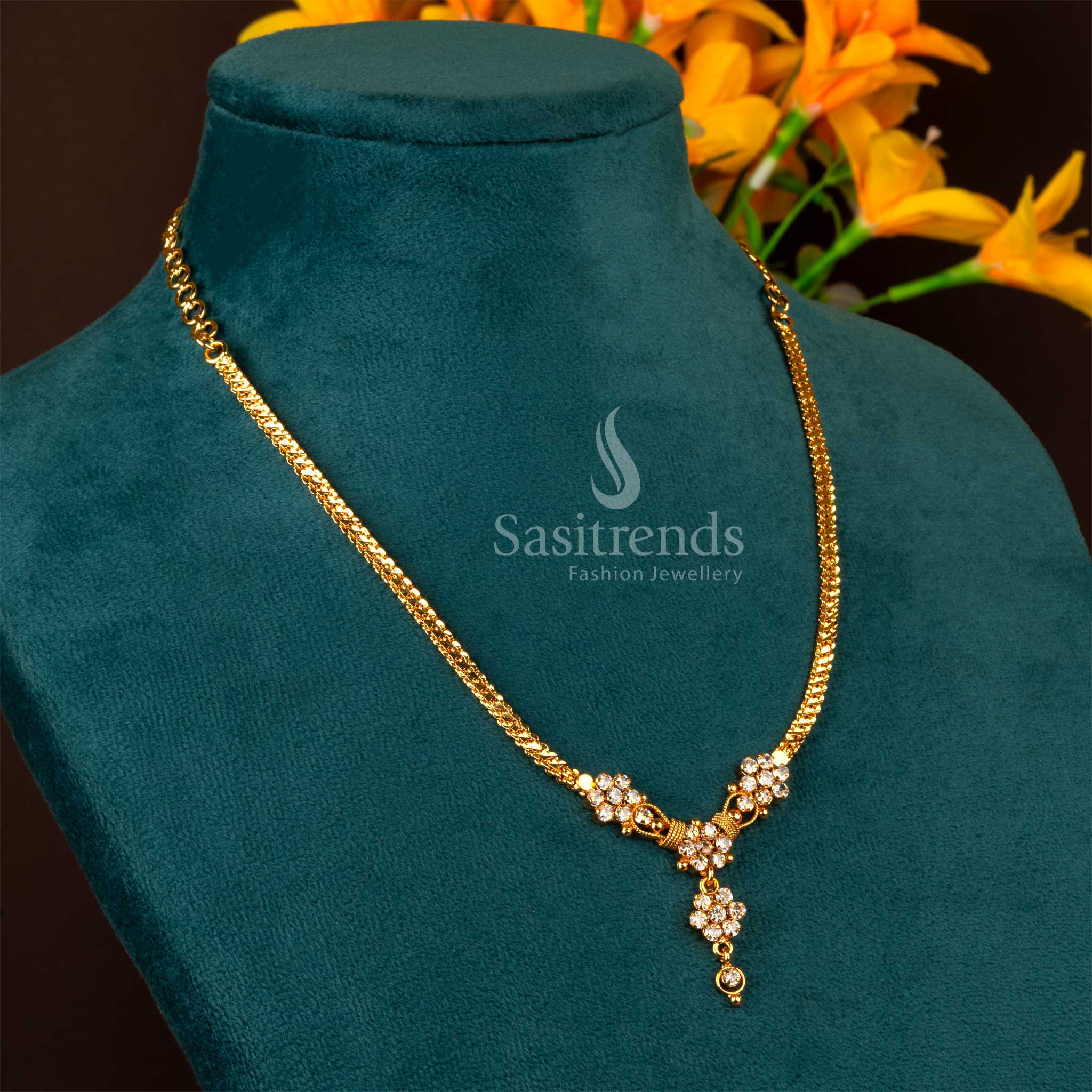 Premium One Gram Micro Gold Plated Floral Design Necklace with White American Diamond Stones – Richly Detailed Jewellery for Weddings - Sasitrends
