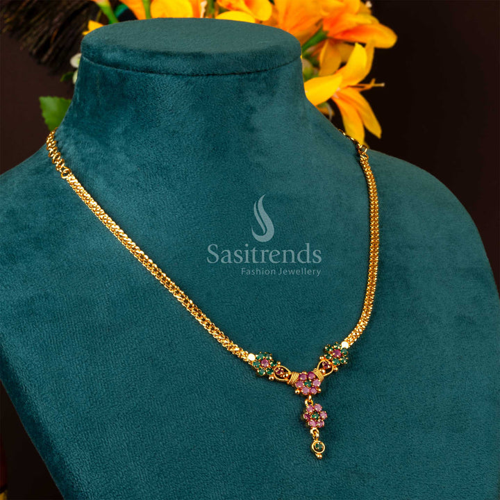 Traditional One Gram Micro Gold Plated Floral Pendant Necklace with Ruby Green Stones and Intricate Ethnic Design – Graceful Indian Jewellery - Sasitrends