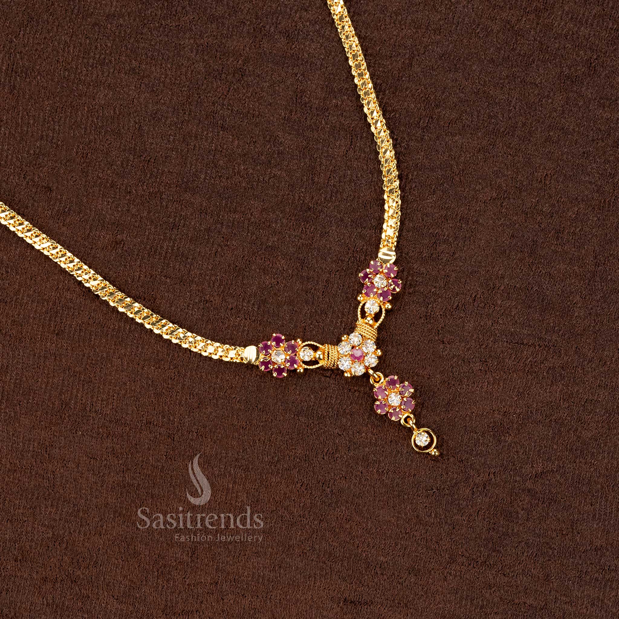 Traditional one gram micro gold plated floral pendant necklace featuring ruby and white stones for a graceful look - Sasitrends
