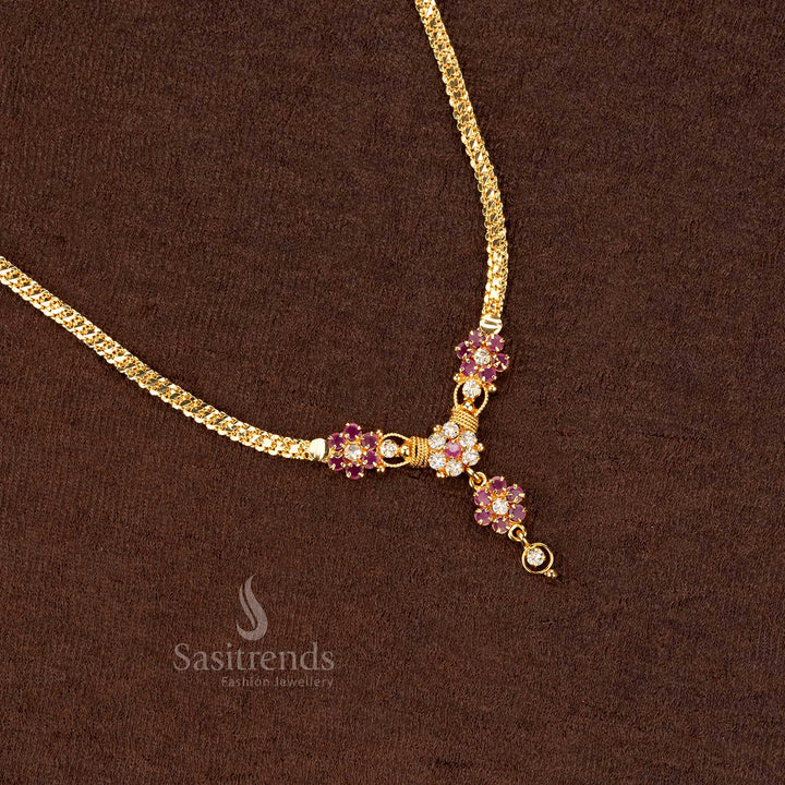 Traditional one gram micro gold plated floral pendant necklace featuring ruby and white stones for a graceful look - Sasitrends