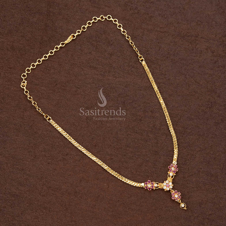 Exquisite micro gold plated floral pendant necklace with ruby and white stones, ideal for bridal and traditional jewellery - Sasitrends