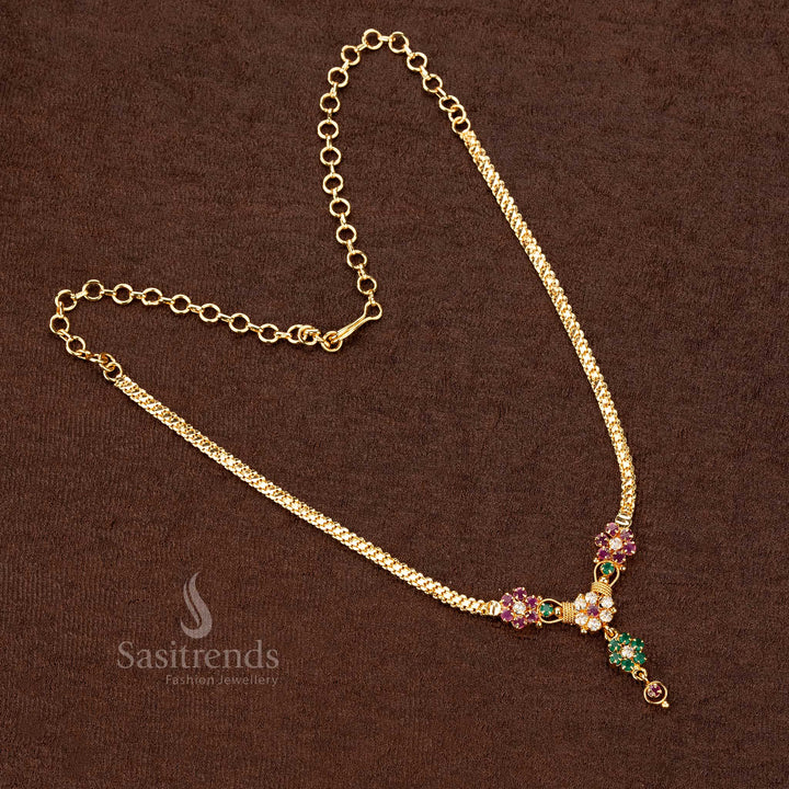 Handcrafted Indian one gram gold plated floral pendant necklace with radiant multi-color stones for a timeless appeal - Sasitrends