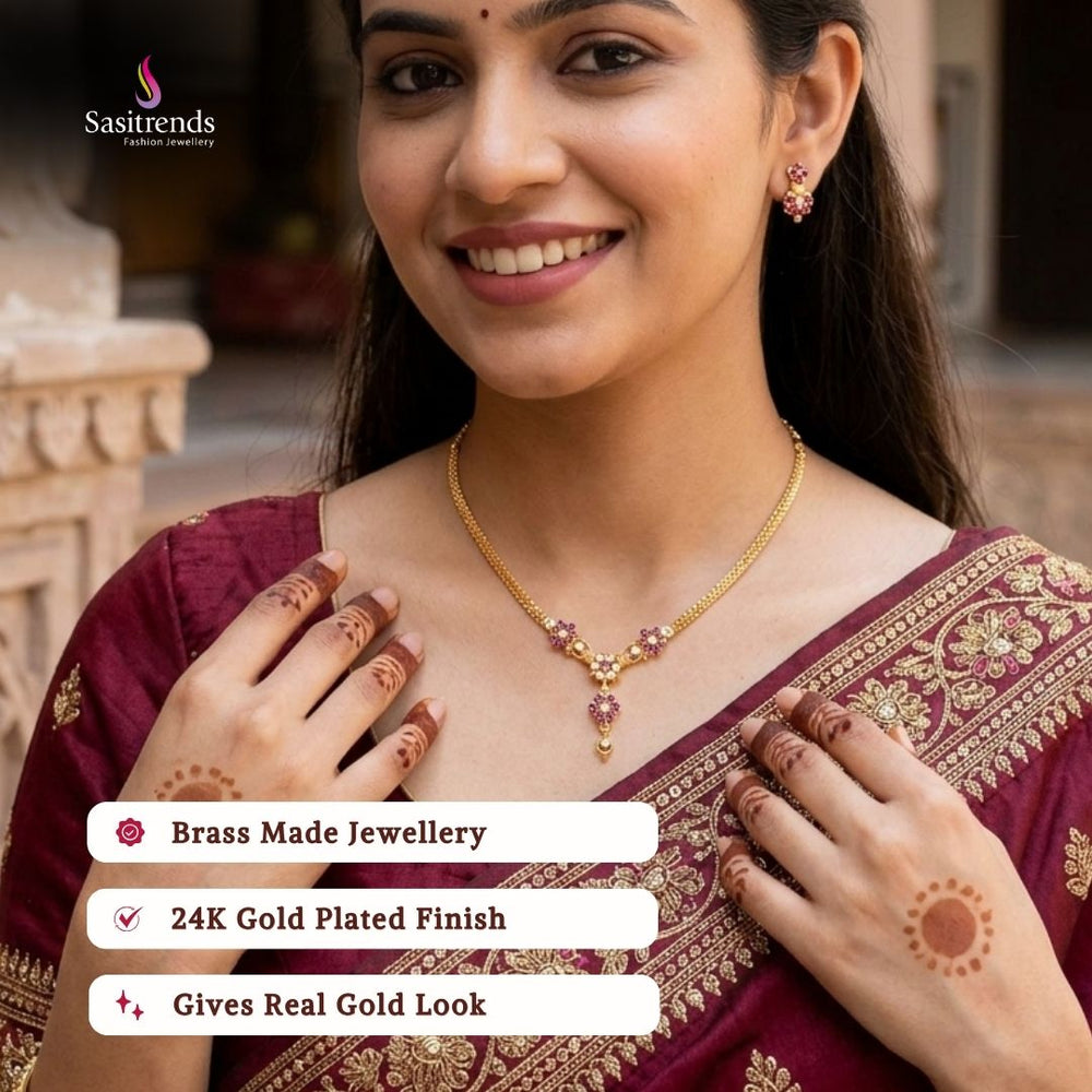 Guaranteed Micro gold plated AD stone necklace set model image - Sasitrends 