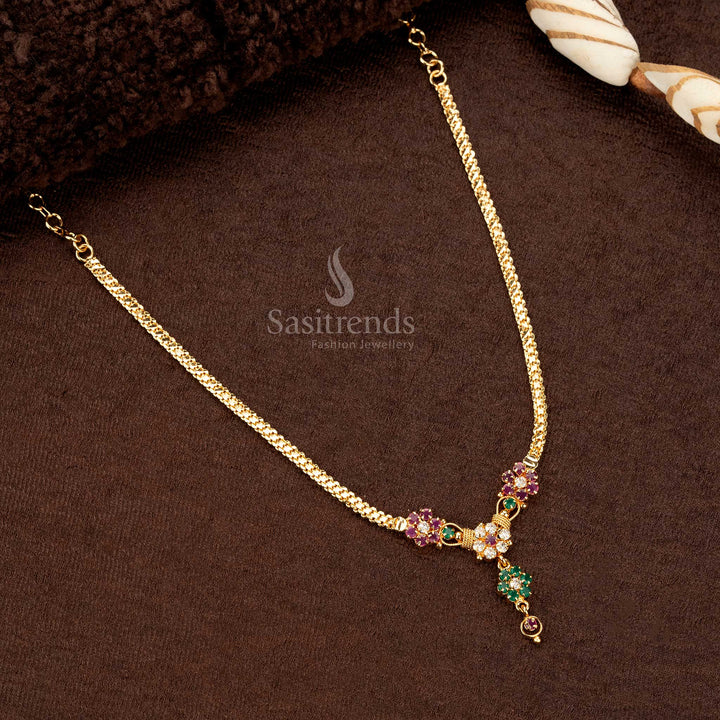 Elegant gold-plated floral design necklace with sparkling cubic zirconia and multicolor gemstones - Sasitrends