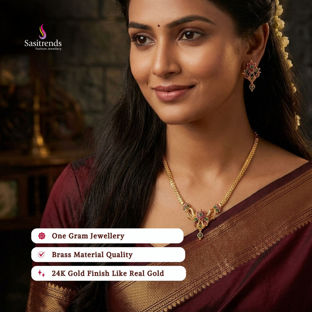 Guaranteed Micro gold plated AD stone necklace set model image - Sasitrends