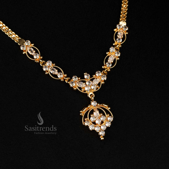One gram gold plated necklace with white stone floral accents, guaranteed festive wear, look like real gold - Sasitrends