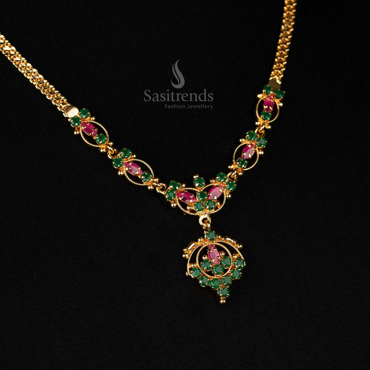Micro gold plated one gram ruby green floral necklace, guaranteed 24-carat pure gold, traditional festive wear, look like real gold - Sasitrends