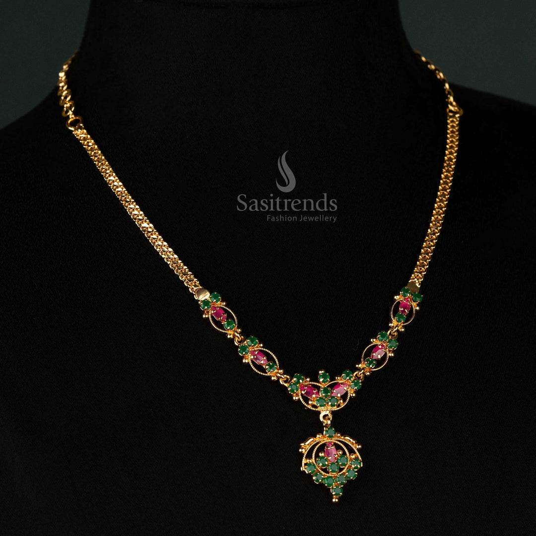 Micro gold plated one gram ruby green floral necklace, guaranteed 24-carat pure gold, traditional festive wear, look like real gold - Sasitrends