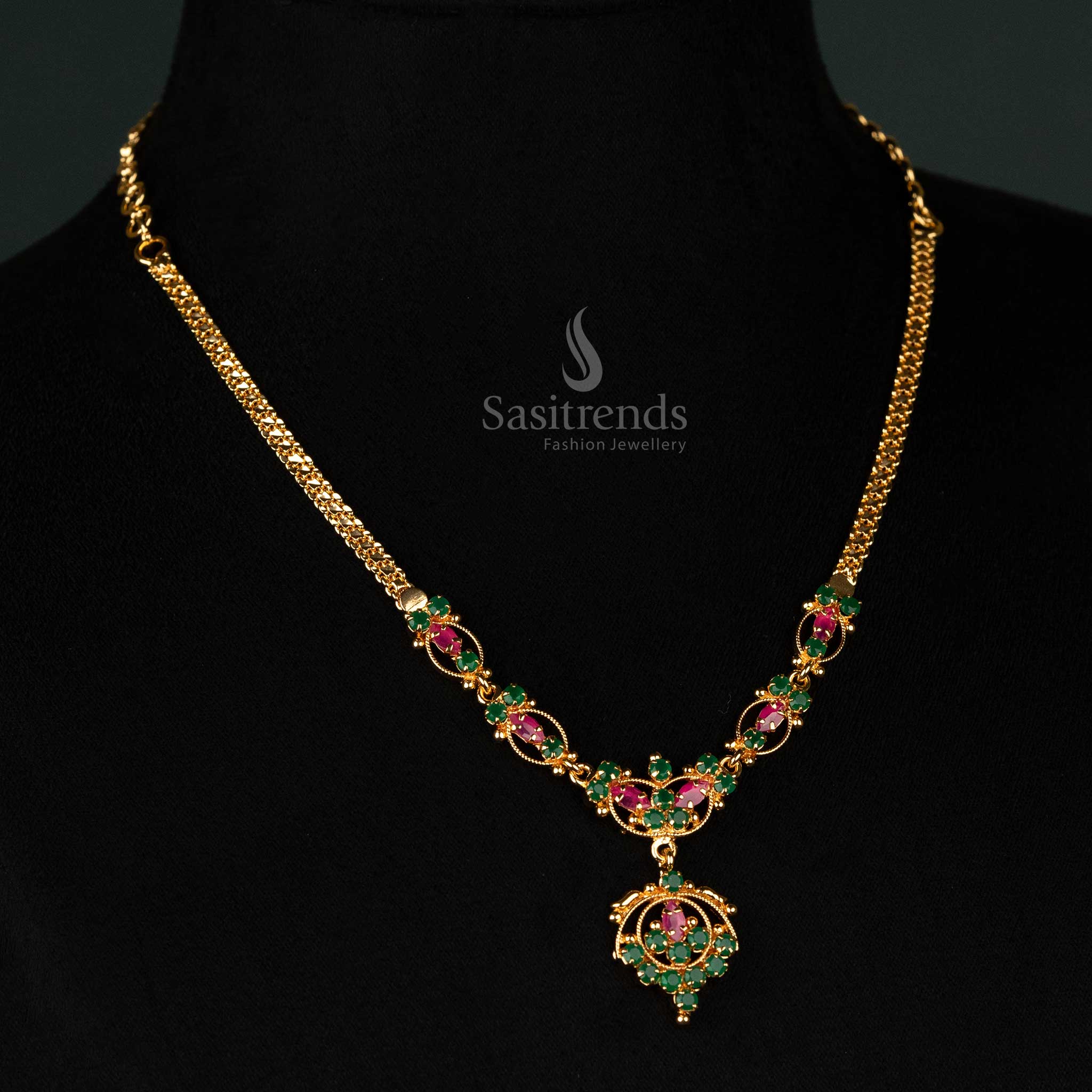 Micro gold plated one gram ruby green floral necklace, guaranteed 24-carat pure gold, traditional festive wear, look like real gold - Sasitrends