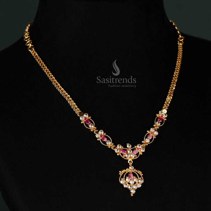 One gram gold plated necklace featuring white ruby floral pendant, guaranteed festive wear, look like real gold - Sasitrends