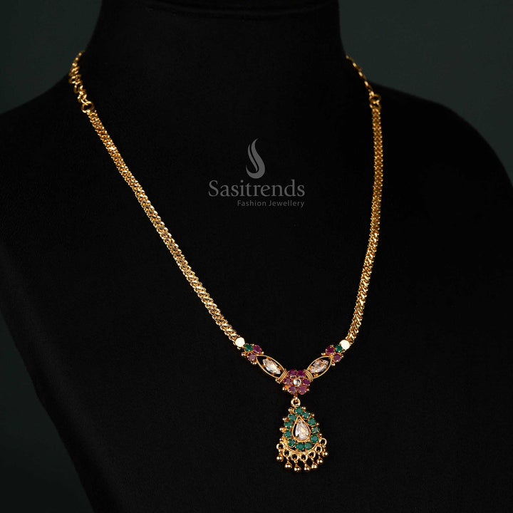 One Gram Micro Gold Plated Necklace with Floral Design and AD Stones - Sasitrends