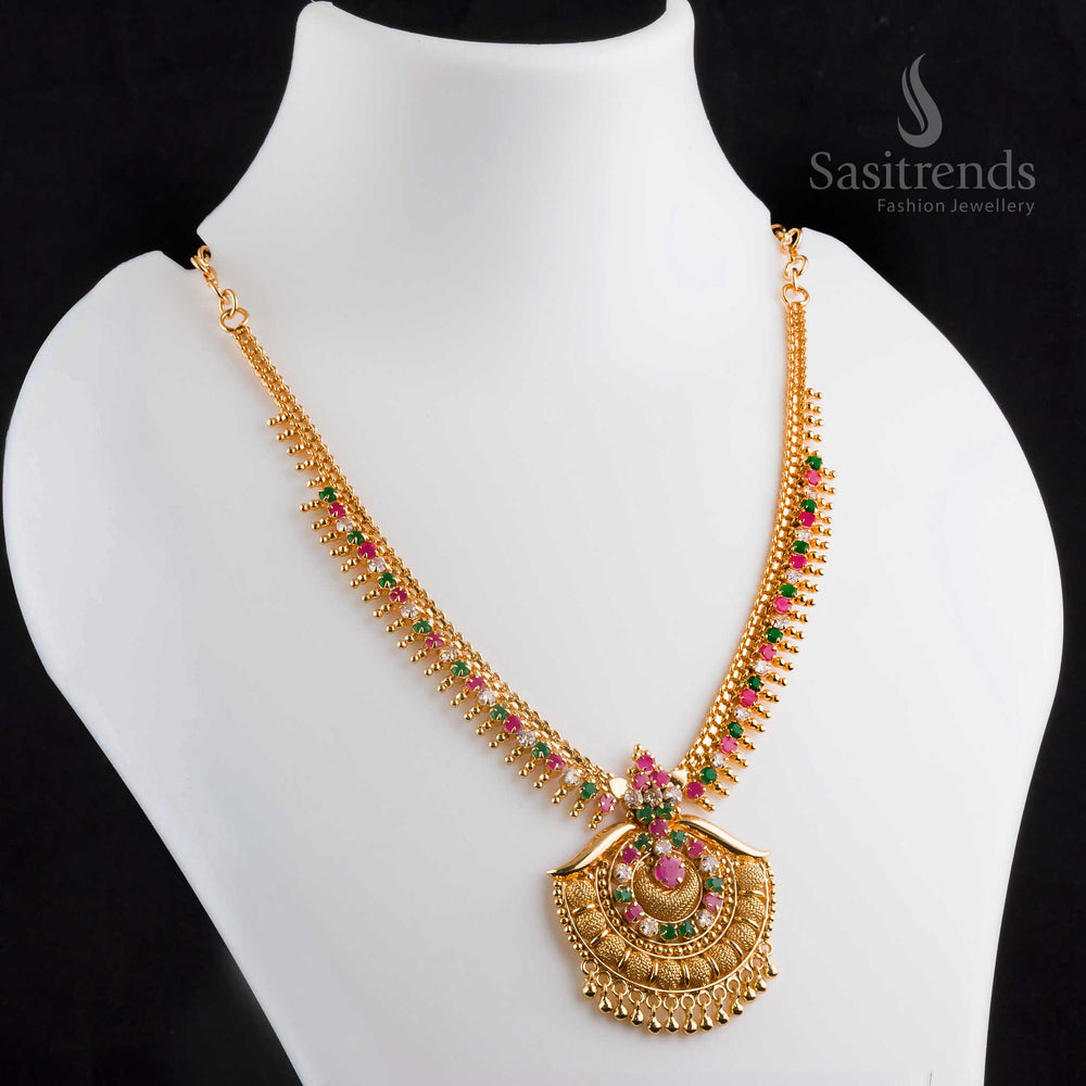 Mesmerizing radiant micro gold plated multi-color AD tilak pendant heritage necklace, perfect for festive celebrations and cultural events - Sasitrends