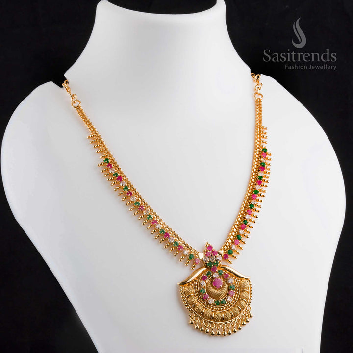 Mesmerizing radiant micro gold plated multi-color AD tilak pendant heritage necklace, perfect for festive celebrations and cultural events - Sasitrends