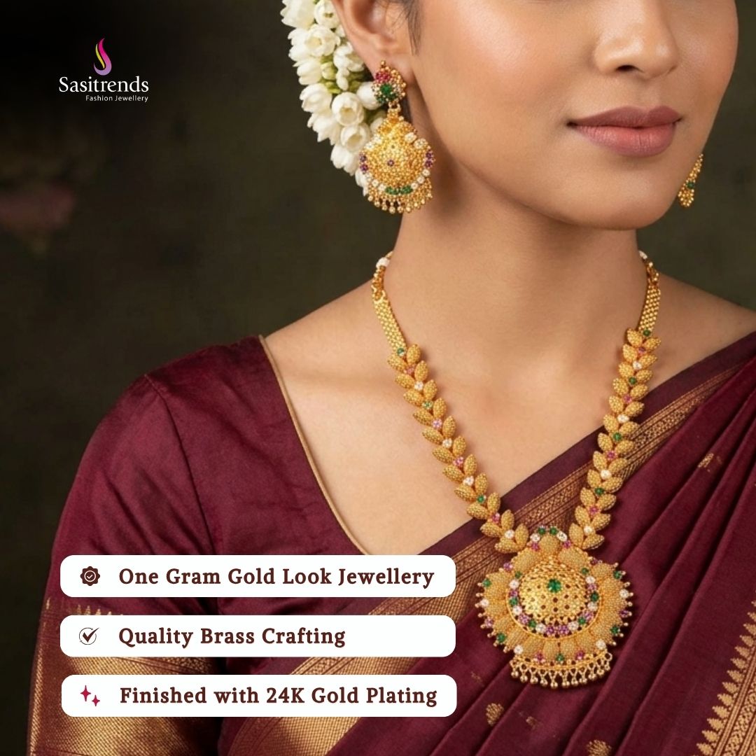 Beautiful collection of micro gold plated necklace sets styled by a model, featuring an elegant traditional jewellery look suitable for weddings, festive occasions, parties, and special events from Sasitrends.