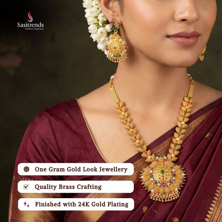 Beautiful collection of micro gold plated necklace sets styled by a model, featuring an elegant traditional jewellery look suitable for weddings, festive occasions, parties, and special events from Sasitrends.